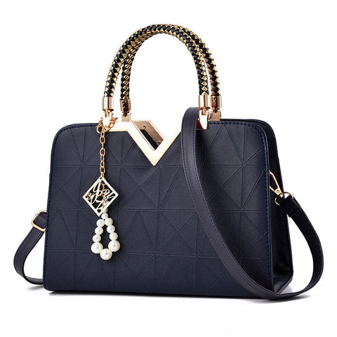 Elegant Women Golden Top Handle Satchel Handbag Tote Purse Shoulder Bag with Bead Pendant