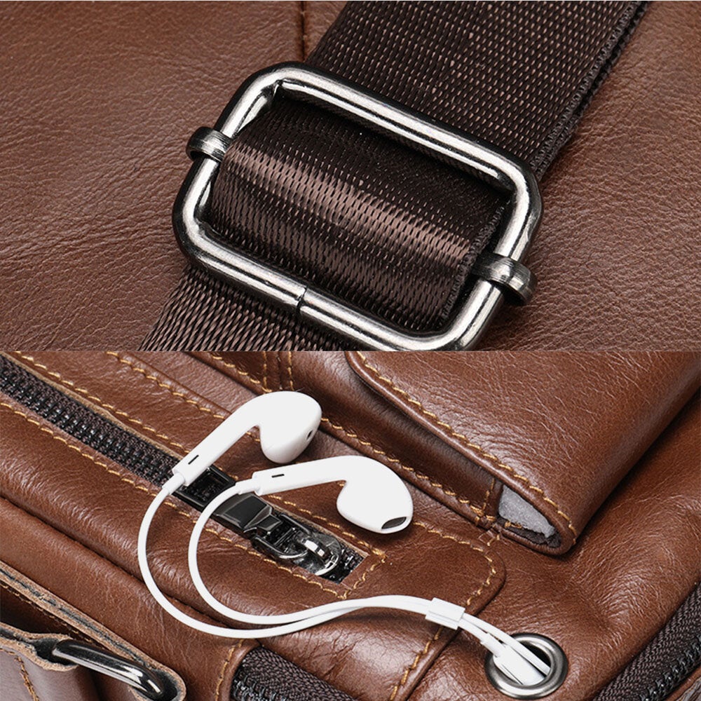 Men's Vintage Leather Waterproof Crossbody Bag with Multi-Pockets & Earphone Hole