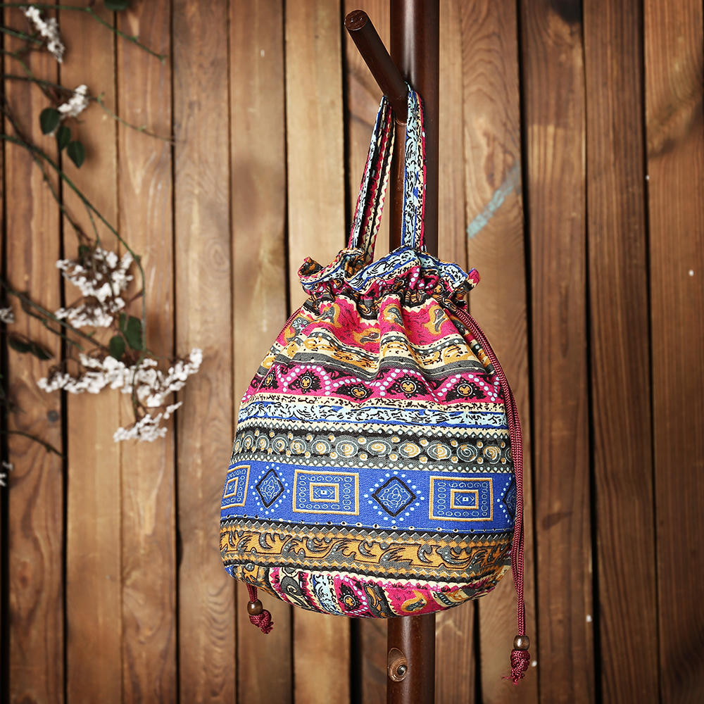 Women Ethnic Canvas String Bucket Bag Crossbody