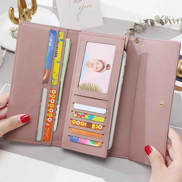 Women Fashion Phone Bag Artificial Leather Multi-functional Long Wallet 9 Card Slots Clutch