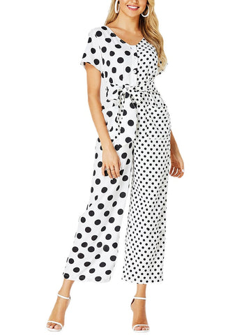 Women Polka Dots Print Patchwork Knotted Short Sleeve Casual Jumpsuit With Pocket