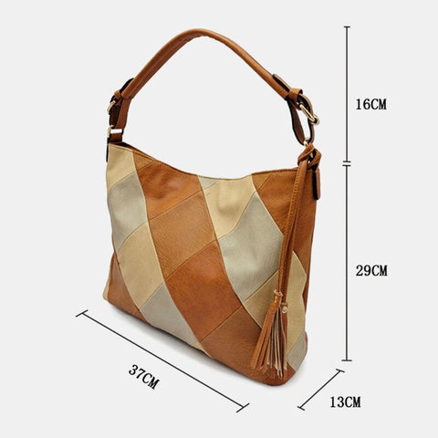 Women Faux Leather Fashion Color Block Tassel Crossbody Bag Shoulder