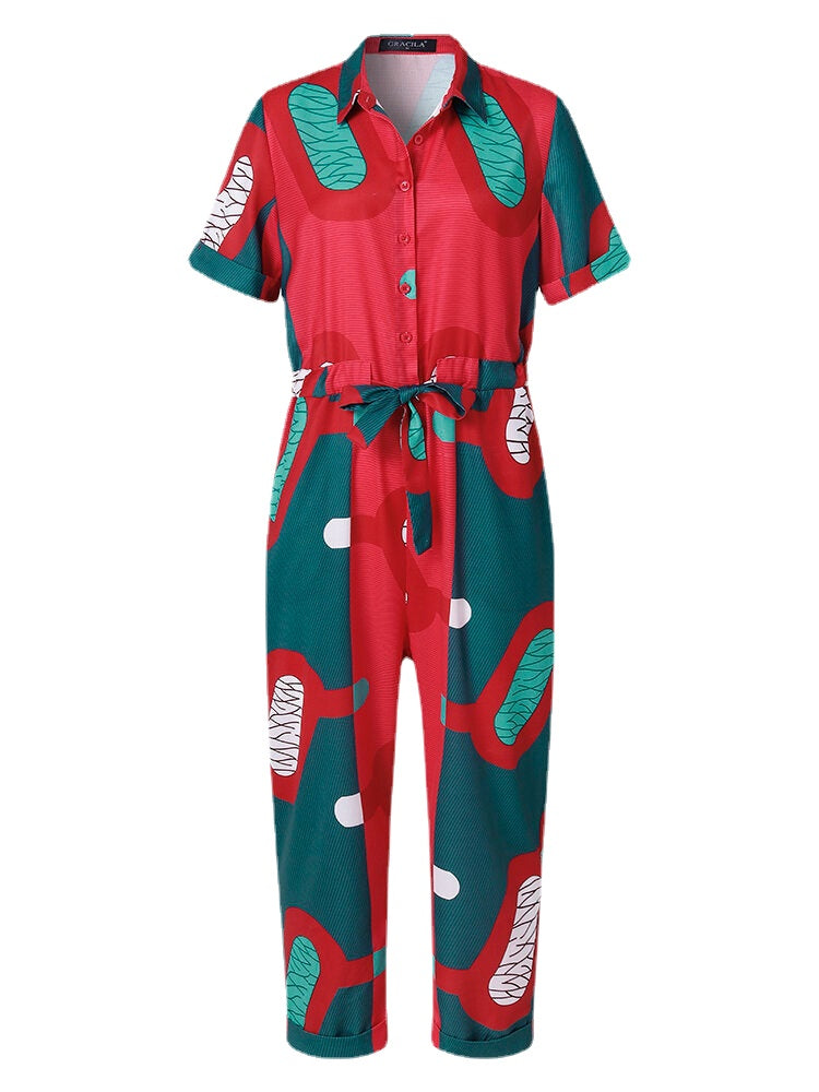 Vintage Printed Knotted Button Pocket Lapel Collar Jumpsuit
