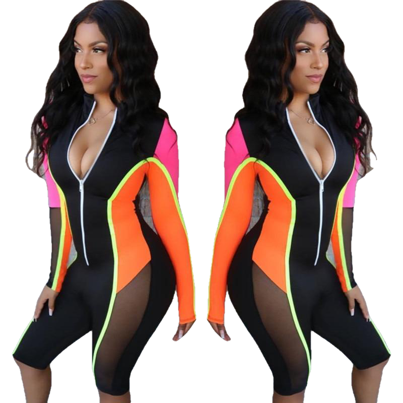 Color Patchwork Sheer Mesh Bandage Jumpsuit Women Sexy Zipper V Neck Long Sleeve Shorts Romper Night Club Playsuit - Sheseelady