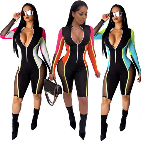 Color Patchwork Sheer Mesh Bandage Jumpsuit Women Sexy Zipper V Neck Long Sleeve Shorts Romper Night Club Playsuit - Sheseelady