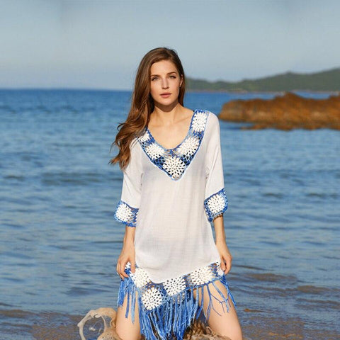 Summer Style Sexy Women's V-neck Long Sleeved Cotton Beach Dress Plus Size