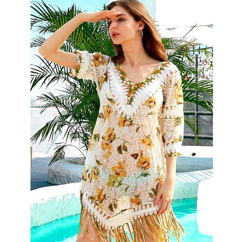 Sexy Ladies' Summer Crochet Beach Dress With Half Sleeve V-neck Loose Top