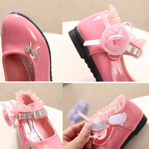 Cute Girls' Bow-Knot Trim Lace PU Princess Shoes With Rose Shape Buckle