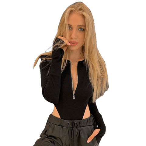 Fashionable Sexy Ladies' Zippered Long/Short Sleeve Cotton Bodysuits Black