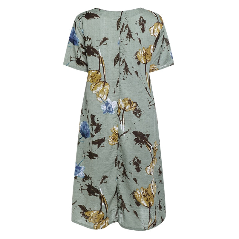 Elegant Floral Print Short Sleeve Midi Dresses - Sheseelady