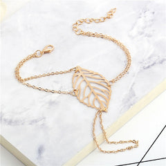 Gold Color Pulsars Muter Charm Hollow Leaves Bracelet With Finger Ring Hand Chain Harness For Women - Sheseelady