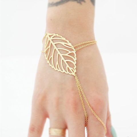 Gold Color Pulsars Muter Charm Hollow Leaves Bracelet With Finger Ring Hand Chain Harness For Women - Sheseelady