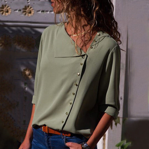 Chiffon Long Sleeve Skew Collar Solid Office Women Blouses And Tops - Sheseelady