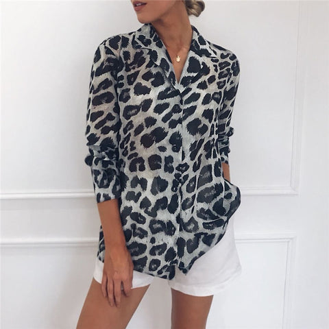 Lady Office Shirt Long Sleeve Sexy Leopard Print Blouse - Sheseelady