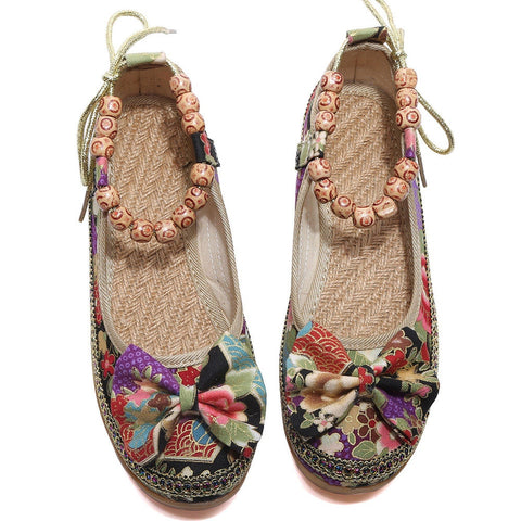 Knot Women Embroidered Ballet Ankle Flat Spring Summer Vintage Ladies Comfort Slip On Ballerinas Shoes - Sheseelady