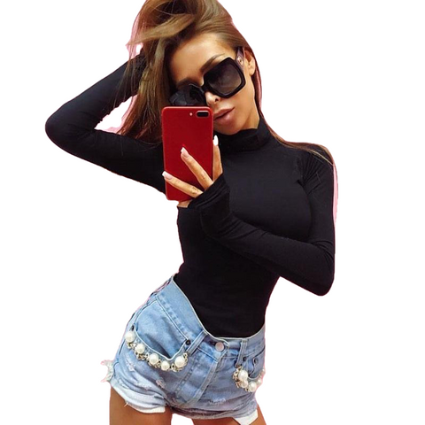 Cotton Long Sleeve High Neck Skinny Bodysuit Autumn Winter Women Solid Sexy Bodysuit New Fashion Bodycon Playsuits - Sheseelady