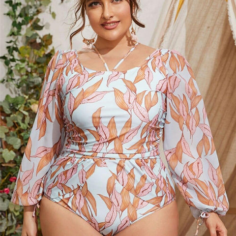 Fashionable Women's Long Sleeves Swimsuit One Piece Plus Size