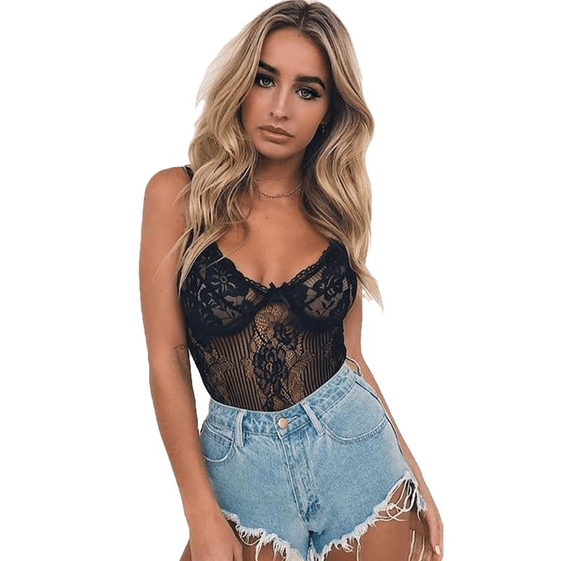 Black Bow Lace Bodysuit Women Backless Transparent Sexy Body Jumpsuit Rompers Catsuit Bodysuits Slim Overalls - Sheseelady