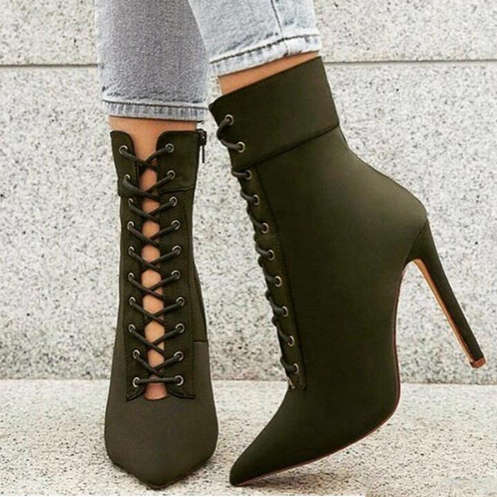 Customized Plus Size Women Booties Pointed Toe Lace-Up Stretch Fabric Women Winter Boots Fashion Thin Heels Zipper Boot - Sheseelady