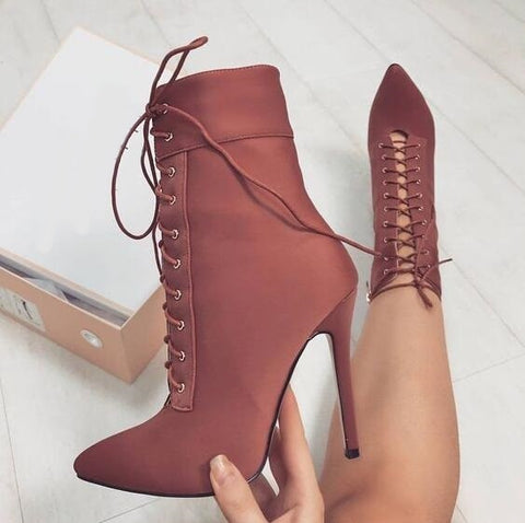 Customized Plus Size Women Booties Pointed Toe Lace-Up Stretch Fabric Women Winter Boots Fashion Thin Heels Zipper Boot - Sheseelady
