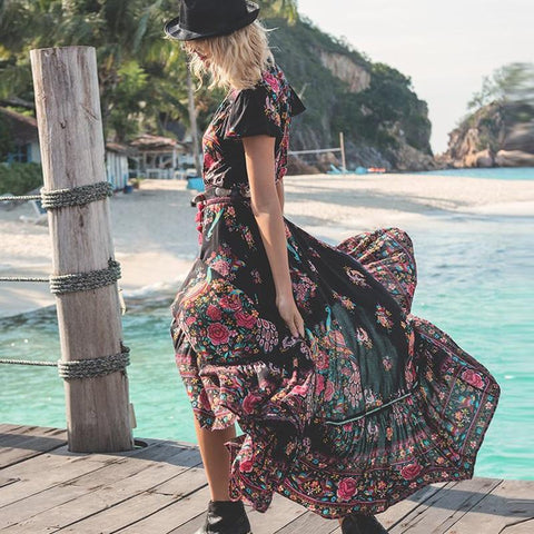 Vintage Sexy Ladies' V-neck Floral Print Boho Maxi Dresses For Beach