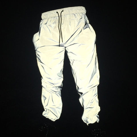 Calça hip hop reflexiva masculina calça esportiva moletom masculino streetwear luz noturna brilhante blink calça comprida para casal