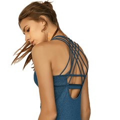 Dry Fit Crisscross Back Strappy Yoga Tops Blue Wourkout Clothes Activewear Built In Bra Gym Tank Tops For Women Running Shirts - Sheseelady