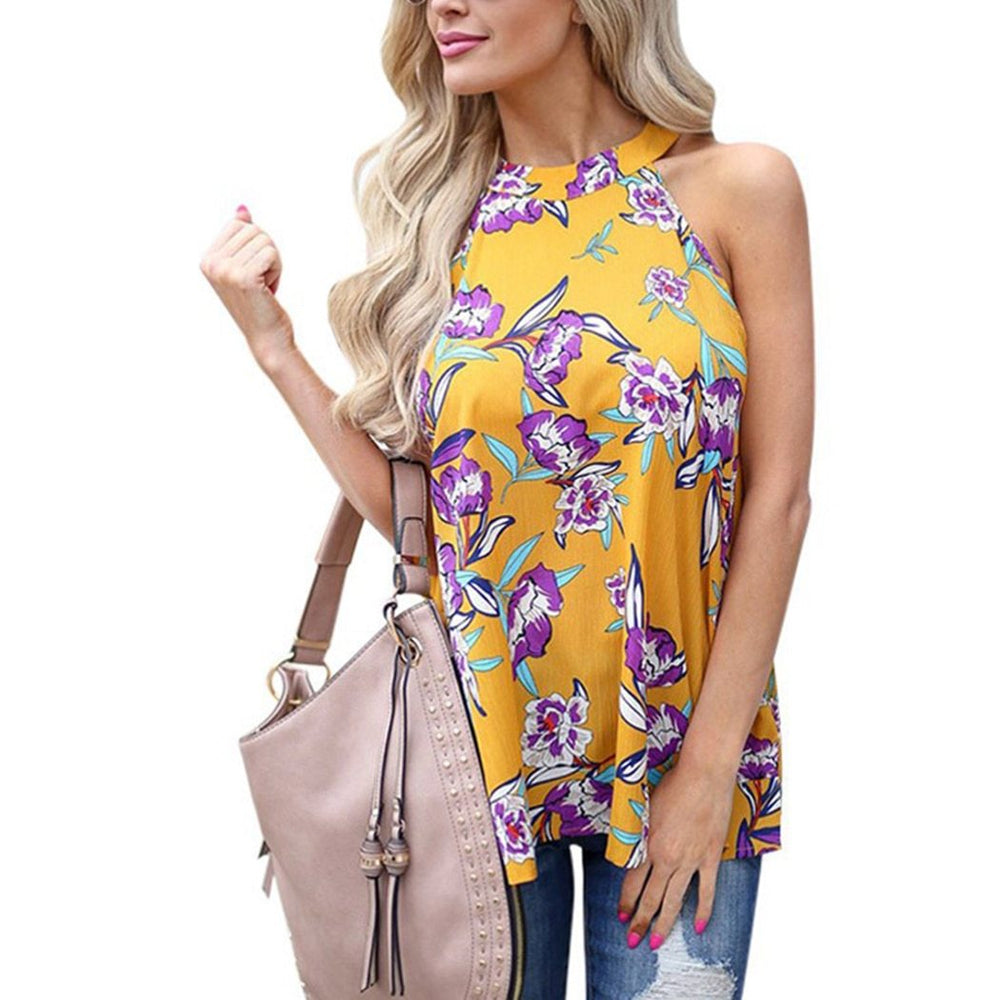 Elegant Sleeveless Chiffon Tops Vintage Floral Printed Blouses - Sheseelady