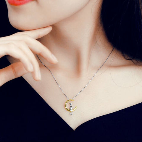 Fashion Cat Moon Pendant Necklace Charm Silver Gold Color Link Chain Necklace For Pet Lucky Jewelry For Women Gift - Sheseelady
