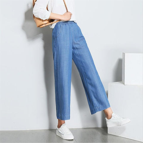 Summer Casual Ladies' Slim Mid Waist Cotton Wide Leg Jeans