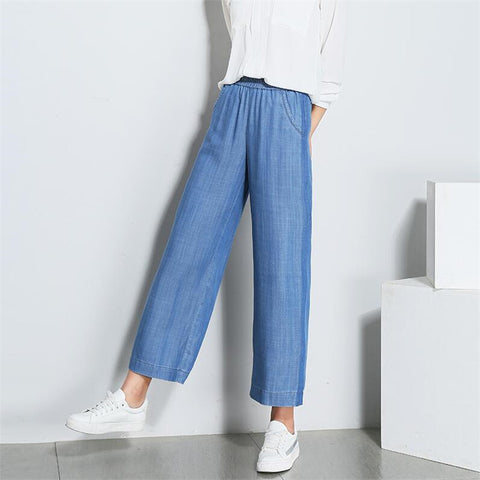 Summer Casual Ladies' Slim Mid Waist Cotton Wide Leg Jeans