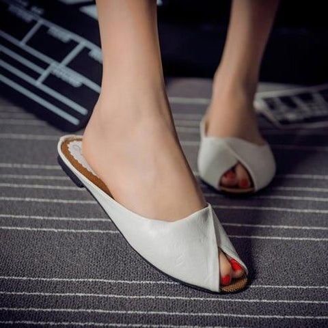 Fashionable Casual Women's Summer Peep-Toe Flat Leather Slippers