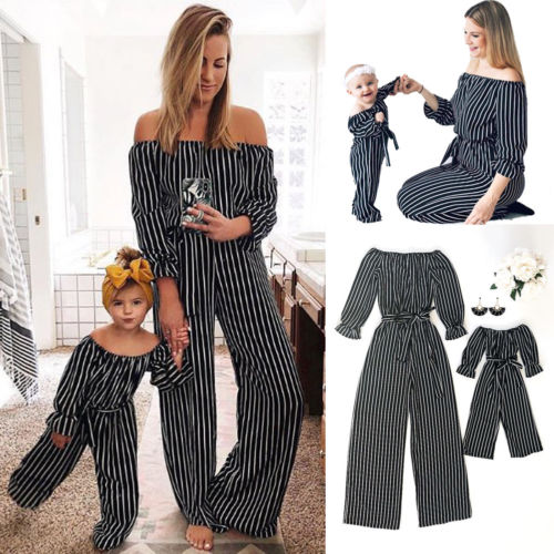 Fashion Striped Family Matching Clothes Mother And Daughter Clothing Mommy And Me Romper Women Baby Girl Casual Jumpsuit Outfits - Sheseelady