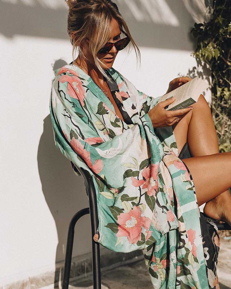 Vintage Sexy Ladies' Floral Print Kimono Beach Cover Up With Sashes Big Sleeve