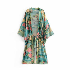 Vintage Sexy Ladies' Floral Print Kimono Beach Cover Up With Sashes Big Sleeve