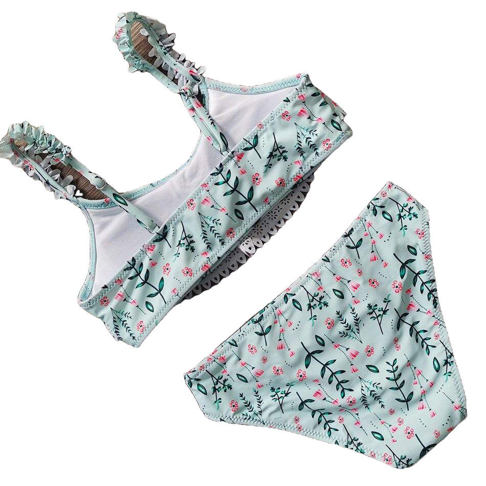 Teenage Girls Floral Print Swimsuit With Pad Two Piece Light Green