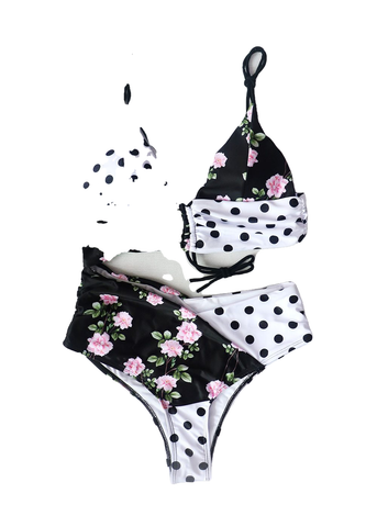 Trendy Hot Girls' Lace Up Swimsuit With Floral Black Dot Pattern One Piece