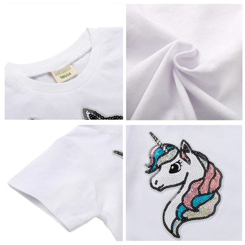 Camisetas casuais de algodão Unicórnio e lantejoulas mágicas para crianças unissex