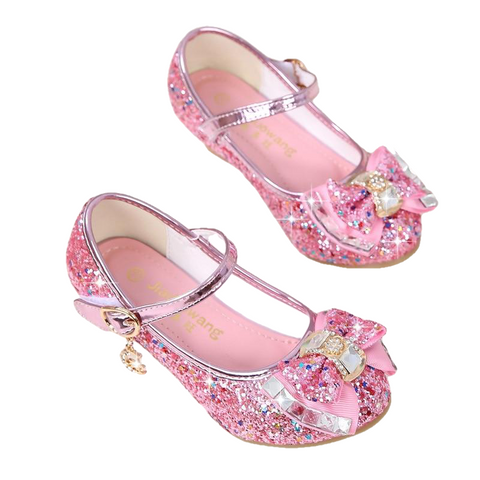Spring Fashionable Girls' Shinny Thick Heeled Princess Shoes With Bow