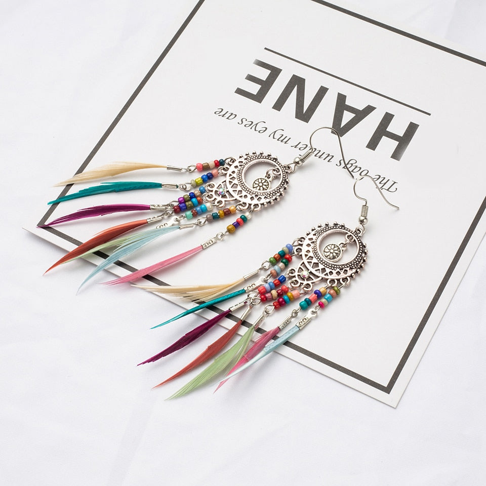 Golden Silver Vintage Ethnic Rainbow Colors Feather Dangle Drop Earrings For Women Female Wedding Jewelry Accessories - Sheseelady