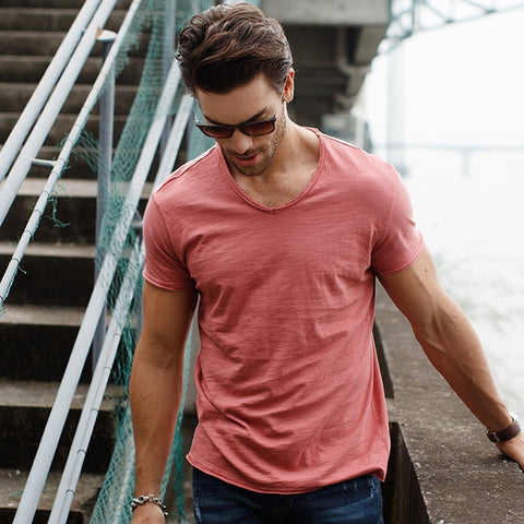 Men'S V-Neck Slim Fit Pure Cotton T-Shirt