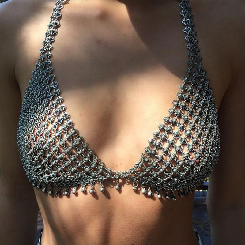 Gypsy Silver Metal Mesh Bra Harness Waist Body Chain Necklace Women - Sheseelady