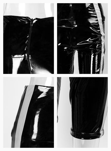 Sexy Black High Waist Stitching Stripe Reflective Elastic Pu Shorts