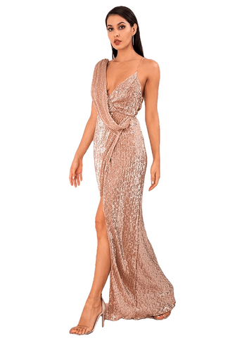 Sexy Rose Gold Deep V-neck Split Sequin Maxi Party Dresses For Ladies