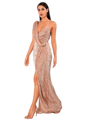 Sexy Rose Gold Deep V-Neck Whit Split Sequins Party Maxi Dress For Ladies