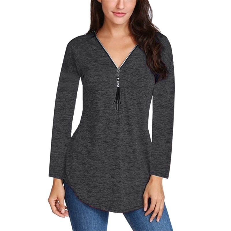 Cotton Long Sleeve V-neck Tassel Zipper T-Shirt Plus Size For Women - Sheseelady