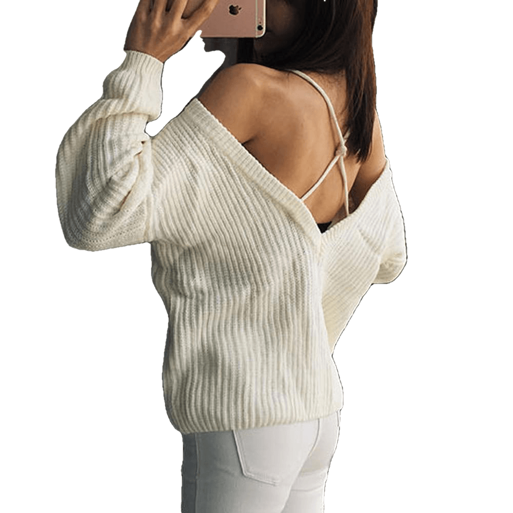 Autumn And Winter Sexy Off Shoulder Backless Cross Solid Color Knitted Sweater - Sheseelady