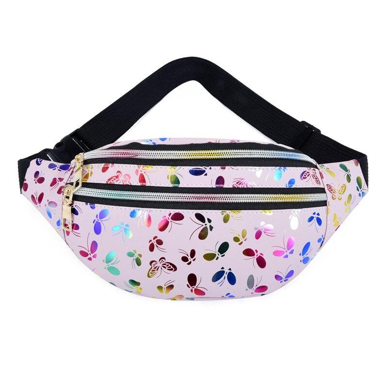 Trendy Women's Banana Shape Leather Waist Bags With Holographic Pattern