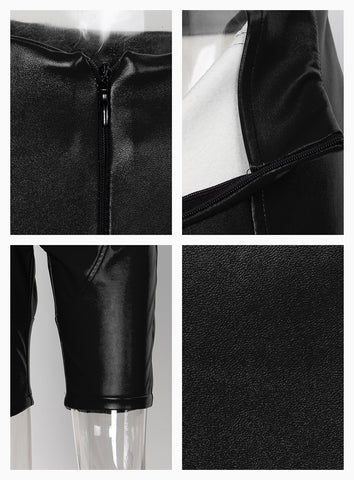 Sexy Black Mid Waist Stitching Elastic Faux Leather Slim Shorts For Ladies
