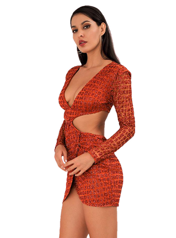 Sexy Orange Deep V-Neck Open Material Slim Fit Party Dress For Ladies